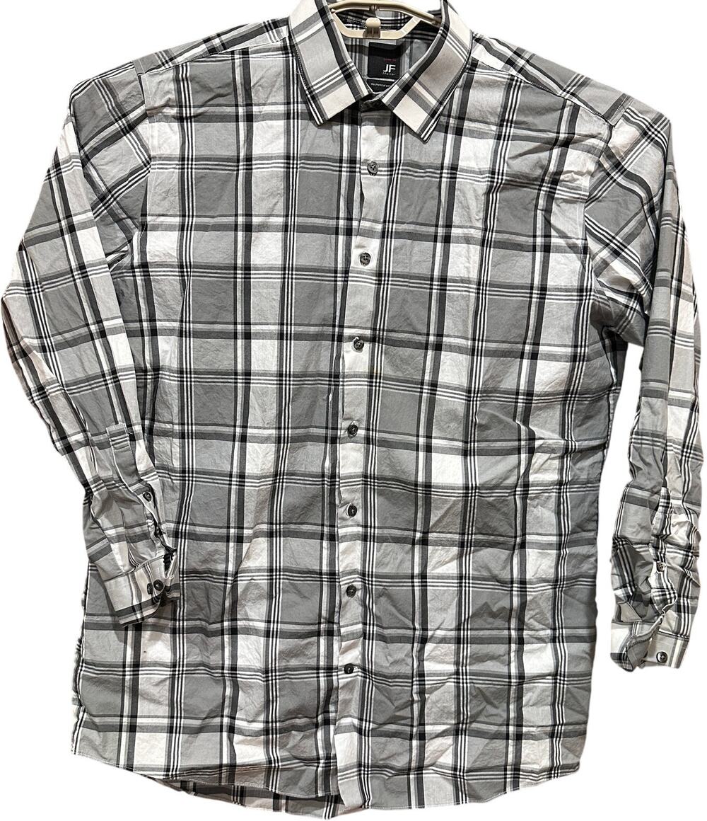 J Ferrar Button Up Shirt L Black White Plaid Slim Fit Long Sleeves 100 Cotton